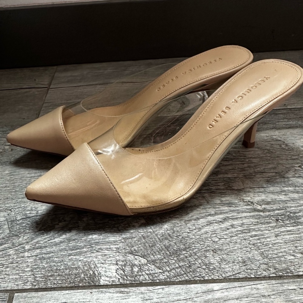 Veronica Beard Nude Clear Pointed Toe Mule Heels